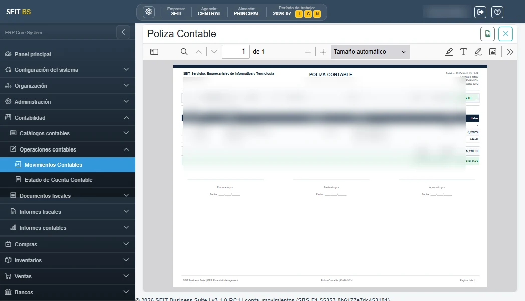 SBS: visor de póliza contable con navegación por módulos